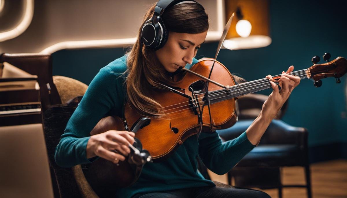Image of a person engaged in a music therapy session, displaying concentration and emotional expression