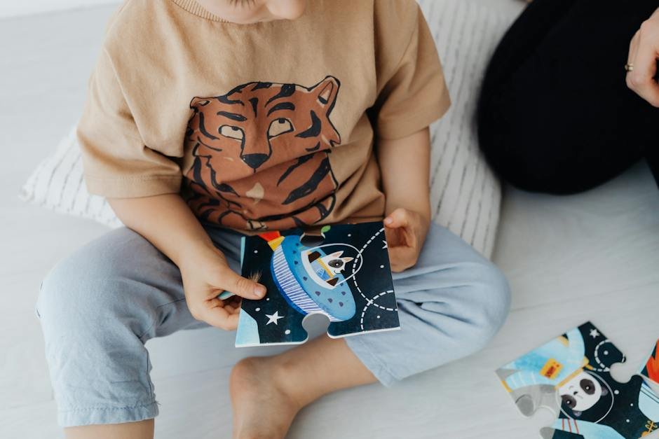 A supportive parent holding hands with their child who is stepping on a recovering OCD puzzle piece design.