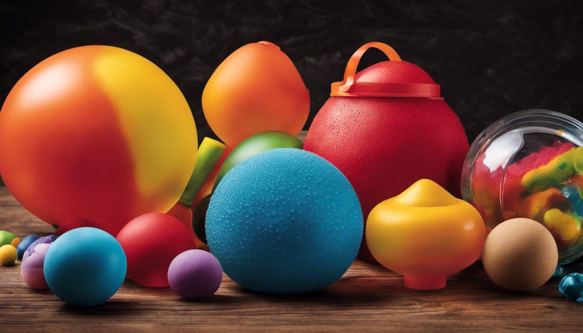Image of various sensory toys including stress balls, play-dough, and liquid motion bubblers, representing the different textures and shapes mentioned in the text.