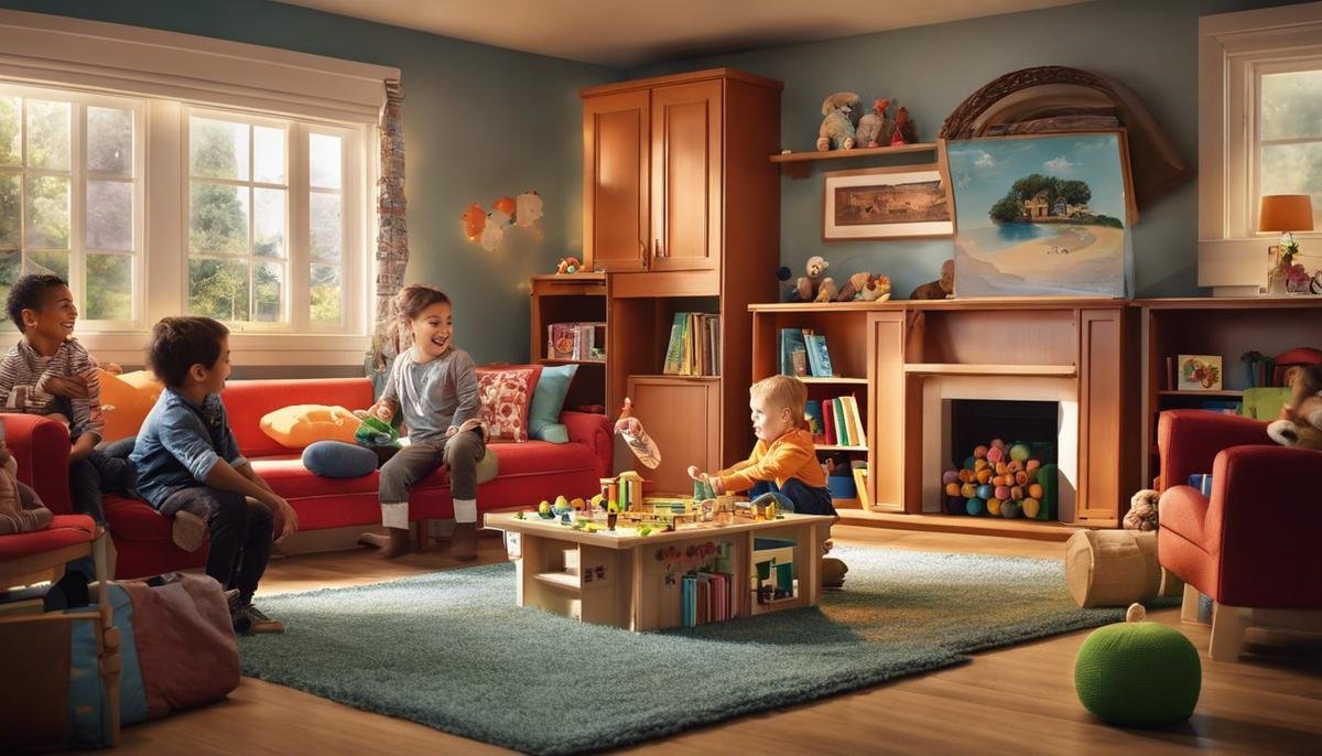 Image of a warm and welcoming home with children playing and engaging in various activities together