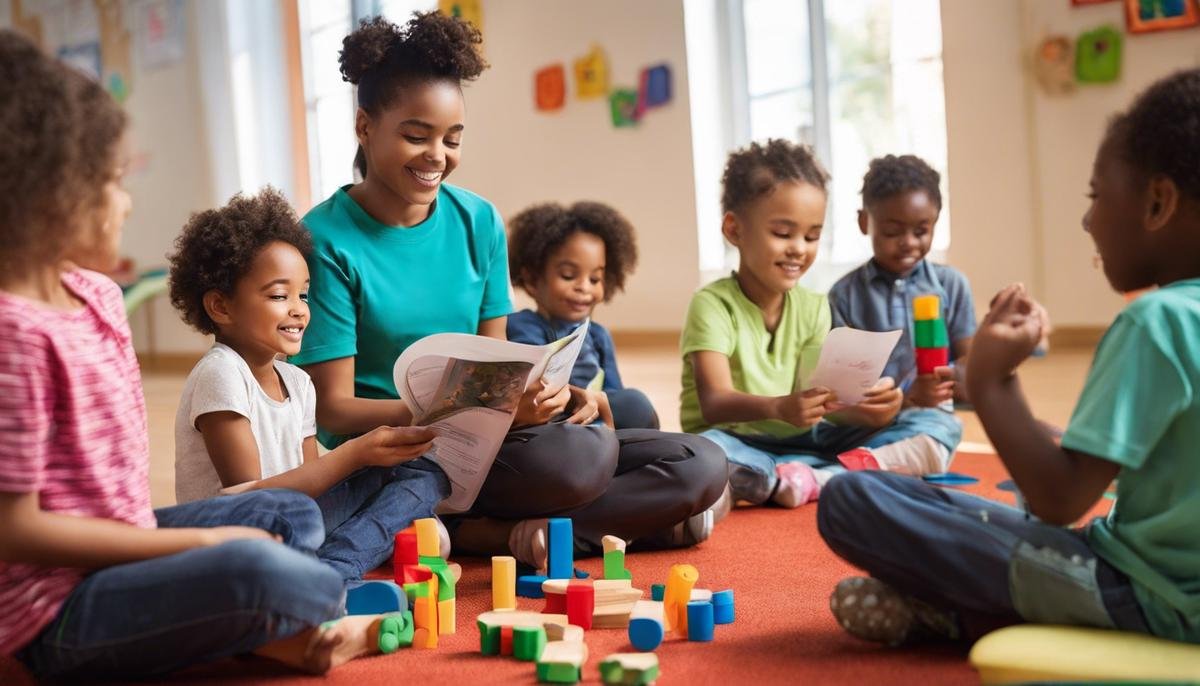 A diverse group of children in a therapy session, engaging in various activities to enhance growth and development